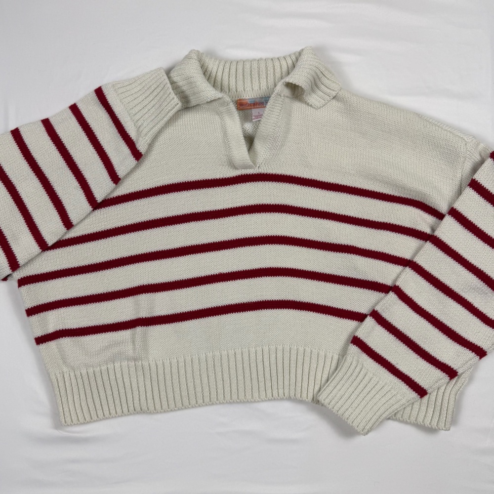 Watermelon Sugar Cream Red Striped Cropped Sweater Large Cottagecore Collared